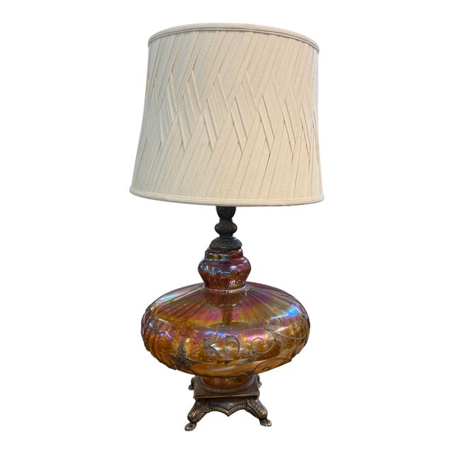 Vintage Hollywood Regency Carnival Glass Lamp With Shades MCM 33in For Sale