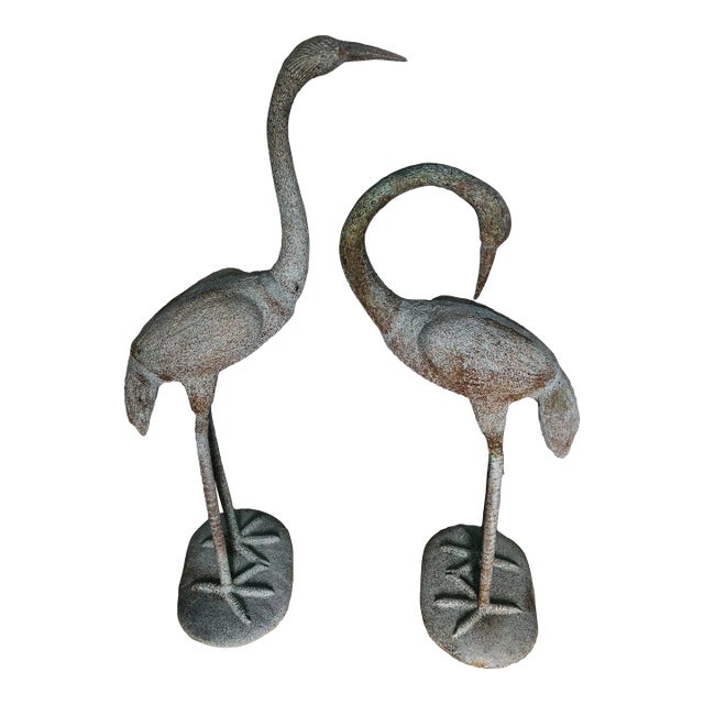 Large Vintage Bronze & Verdigris Finish Crane Sculptures - A Pair For Sale