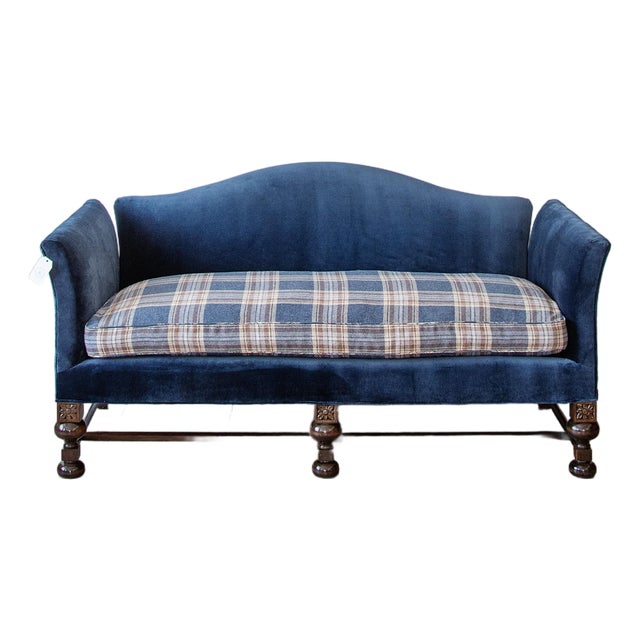 1940s Navy Upholstered Sofa in Pierre Frey Velvet For Sale