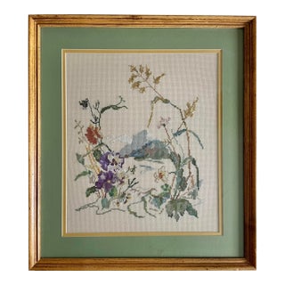 Vintage Mid 20th Century Framed Cross Stitch Botanical Landscape Art For Sale