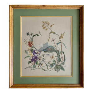 Vintage Mid 20th Century Framed Cross Stitch Botanical Landscape Art