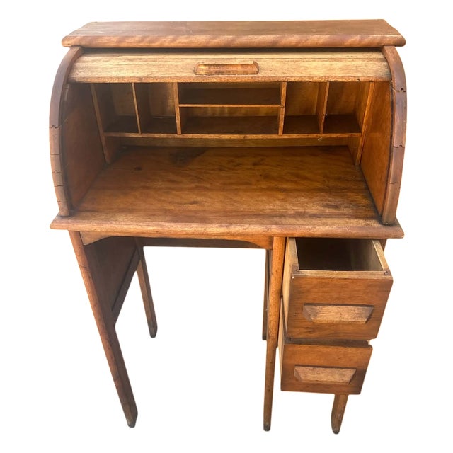 Traditional Antique Solid Maple Child’s Rolltop Desk - Circa 1910 - 24" W X 16" D X 35" H For Sale - Image 3 of 3