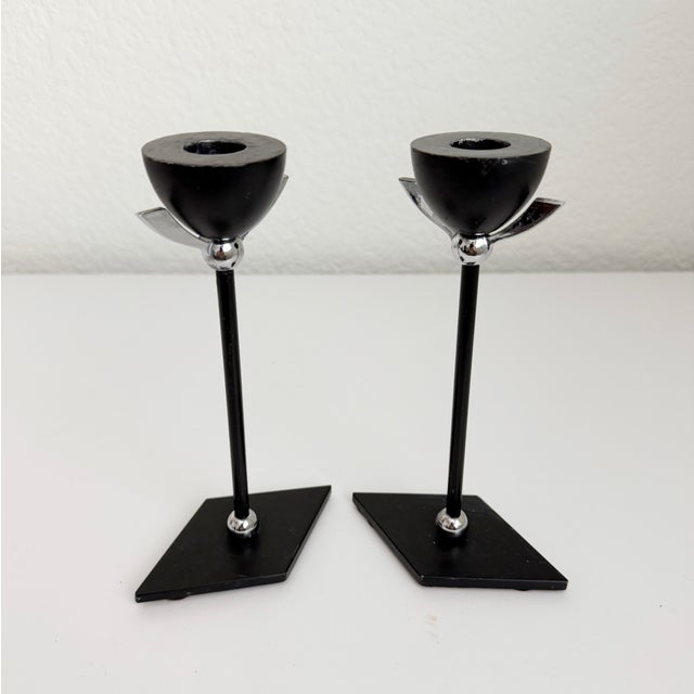 Black Memphis Chrome Winged Candle Holders, a Pair For Sale - Image 8 of 9