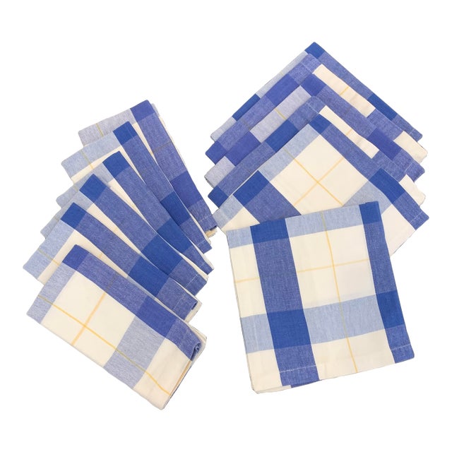 Late 20th Century 12 Cotton Dinner Napkins Blue and Yellow Plaid For Sale