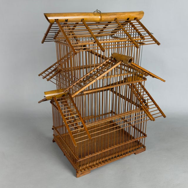 Vintage Architectural Pagoda Aviary Cage in Wood and Bamboo For Sale - Image 11 of 11