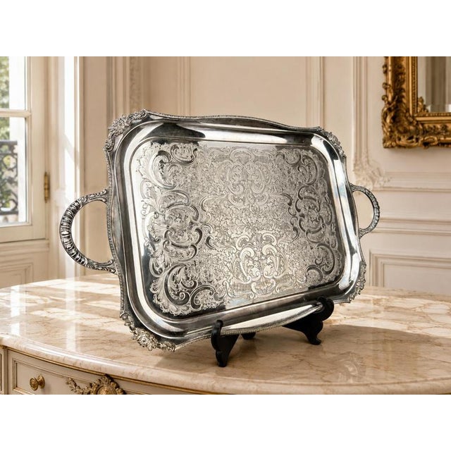 Vintage English Ornate Engraved Metal Twin Handle Tray For Sale - Image 18 of 18
