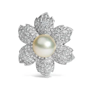 18K 2 3/4 Cttw Diamond and 12.5 MM Cultured Freshwater Pearl Floral Brooch Pin (G-H Color, VS1-VS2 C
