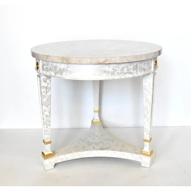 Contemporary Vintage Neoclassical Round Faux Marble Side Table For Sale - Image 3 of 9