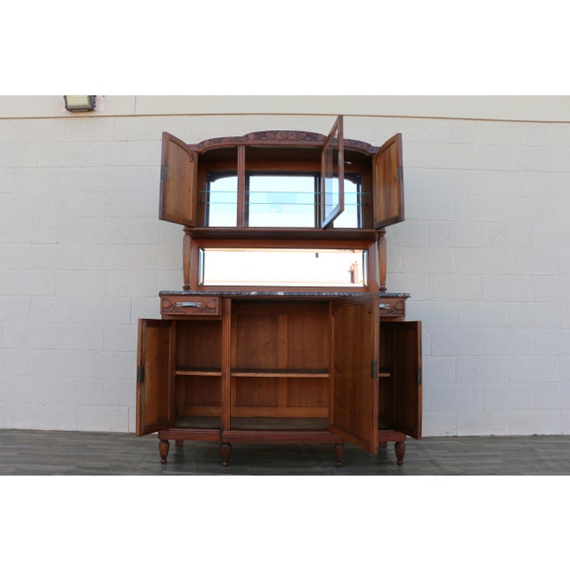 Antique French Art Deco Buffet Hutch With Marble Top, Mirror & Glass Display Cabinet | C. 1920 For Sale - Image 4 of 18