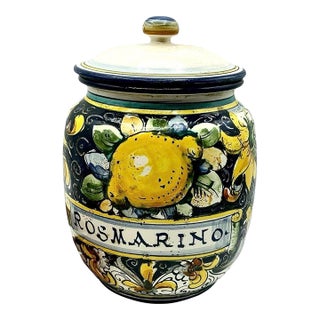 1970s Italian Ceramic Rosmarino Spice Herb Canister Jar Lidded Hand Painted Lemons Euc For Sale