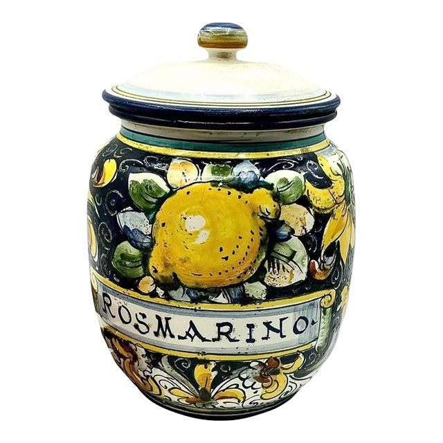 1970s Italian Ceramic Rosmarino Spice Herb Canister Jar Lidded Hand Painted Lemons Euc For Sale
