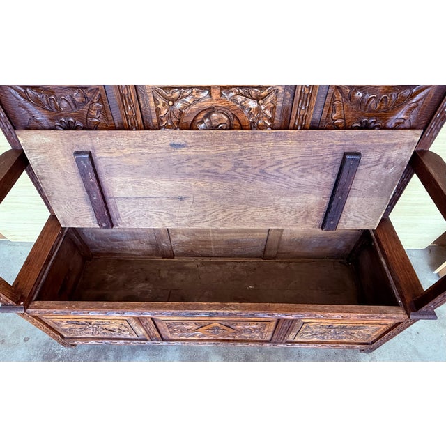 Mid 19th Century 19th Spanish Carved Large Hall Bench with Storage For Sale - Image 5 of 18