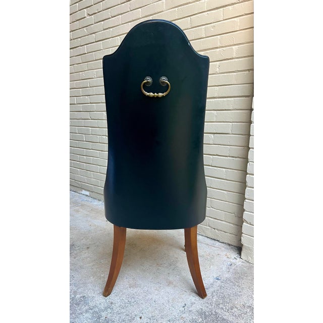 Chic Vintage Hollywood Regency Black Leather Side Chair With Brass Handle For Sale - Image 6 of 10