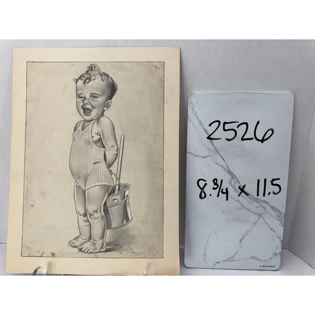1940s 1940s Original Signed Graphite Illustration of Laughing Toddler With Bucket, 11.5 × 8.75 In. For Sale - Image 5 of 5