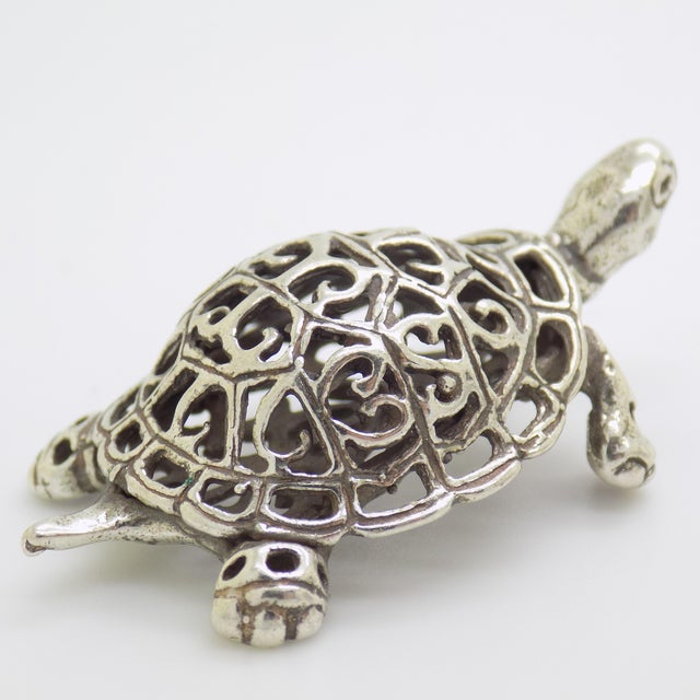 Silver Vintage Italian Handmade Genuine Silver Perforated Turtle Figurine Miniature For Sale - Image 8 of 12