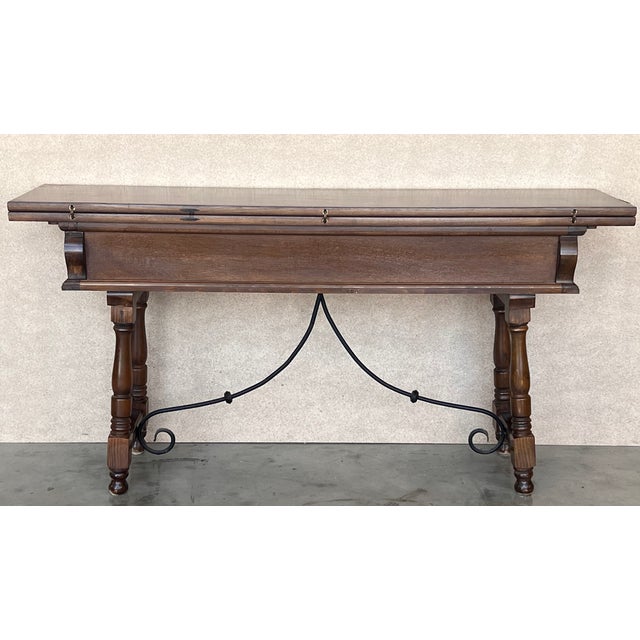 20th Century Spanish Console Fold Out Table With Iron Stretcher and Two Drawers For Sale - Image 10 of 11
