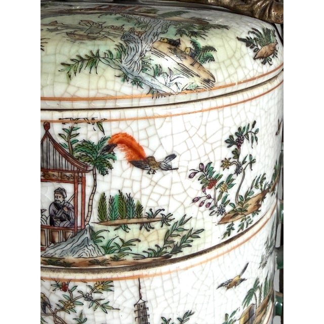 Vintage Chinoiserie Famille Rose Crackled Ceramic Stacking Lunch Box 12"x6.25" For Sale - Image 10 of 18