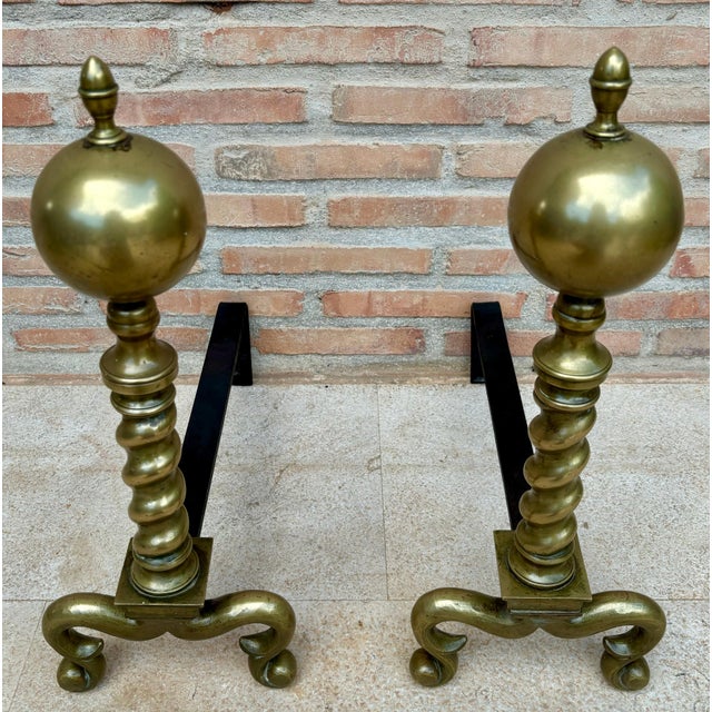 18th American Chippendale Style Brass Cannonball Andiron Firedog with Log Stops For Sale - Image 16 of 18