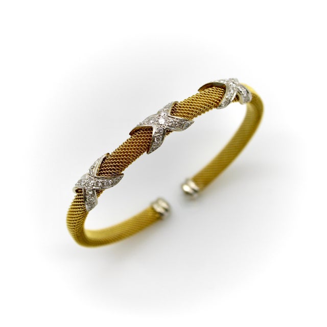 Gold Vintage 14k Gold Woven Cuff Bracelet With Diamond X Details For Sale - Image 8 of 11