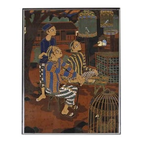 Indian Artist, Birdwatchers, Painting on Silk, Framed For Sale