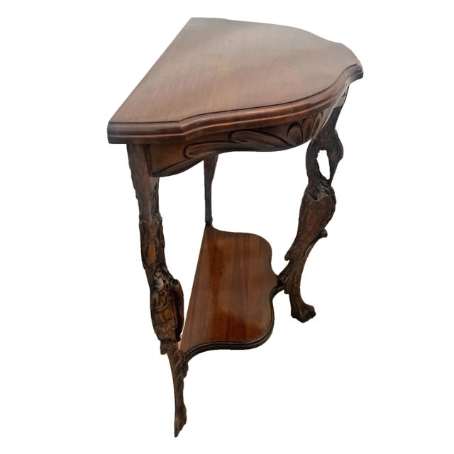 1960s Vintage Demilune Console Half Moon Table, Walnut Top, Bottom Shelf, Carved Swan For Sale - Image 5 of 12