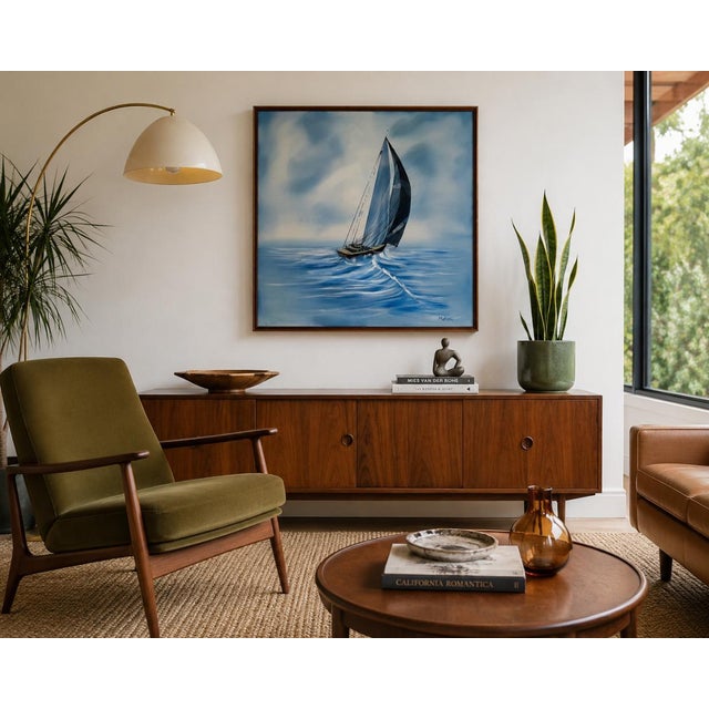 Striking 1970s Mid-Century acrylic on canvas painting by Matson, depicting a dramatic sailboat navigating rolling ocean...