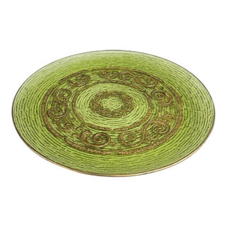 Vintage Mid-Century Green Glass Platter With Gold Scrollwork For Sale