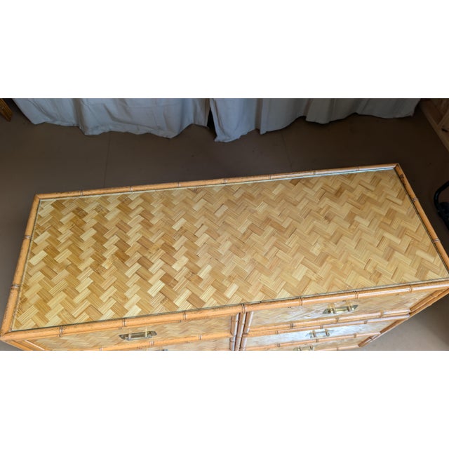 Vintage Faux Bamboo 6-Drawer Dresser With Herringbone Parquet Rattan Fronts, in the Style of Dixie For Sale - Image 12 of 12
