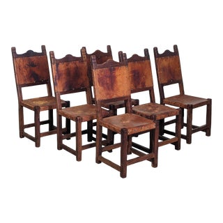 Set of 6 Spanish Hand-Crafted Wood & Cognac Studded Leather Dining Chairs For Sale