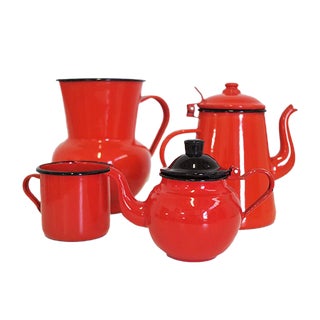 Enamelled Metal Jug & Teapot Set, 1950s, Set of 4 For Sale