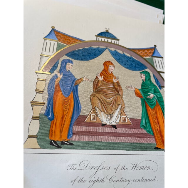 1842 hand colored engraving with gold paint from Joseph Strutt's (1749-1802) "A Complete View of the Dress and Habits of...