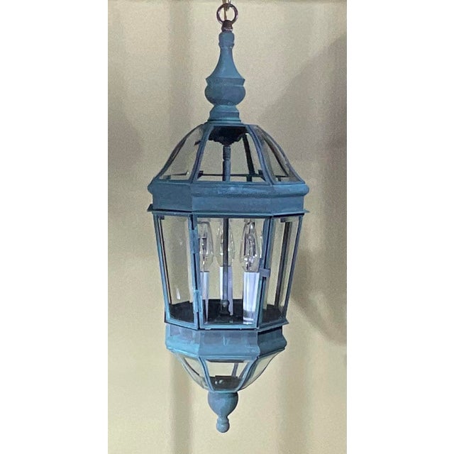 Vintage Verdigris Solid Brass Hexagonal Hanging Lantern – 29”x 11” For Sale - Image 12 of 14