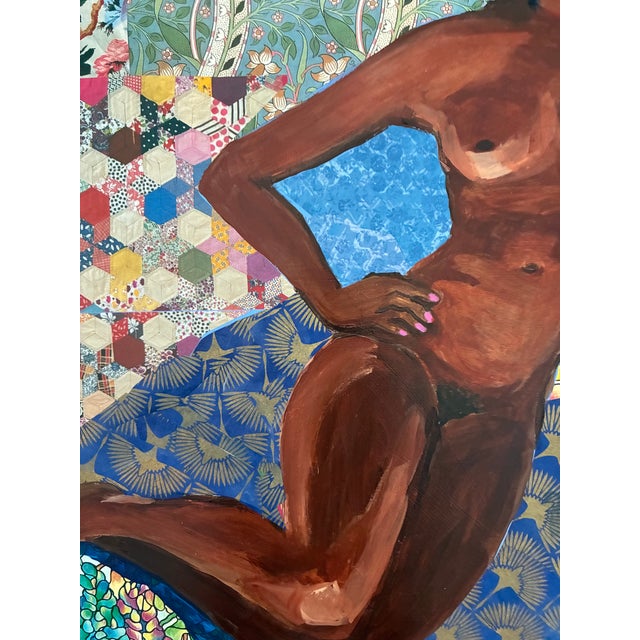 This is an original collage on wood panel, featuring a vibrant painted figure of a reclining nude woman with rich brown...