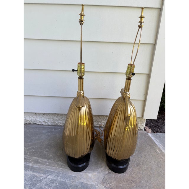 Gold 1960s E.F. Chapman Dorothy Draper Style Draped Brass Swan Lamps Pair For Sale - Image 8 of 10