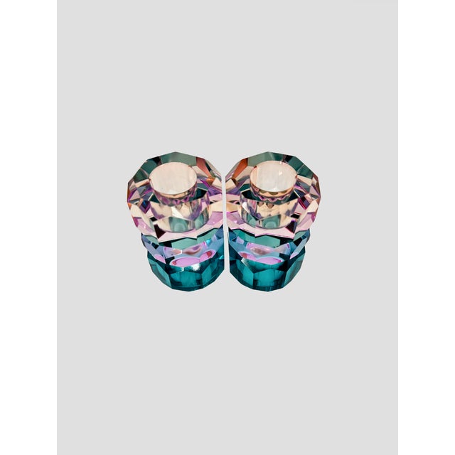 Danish Faceted Crystal Candle Holder Teal, Pink & Peach Pair For Sale - Image 4 of 4