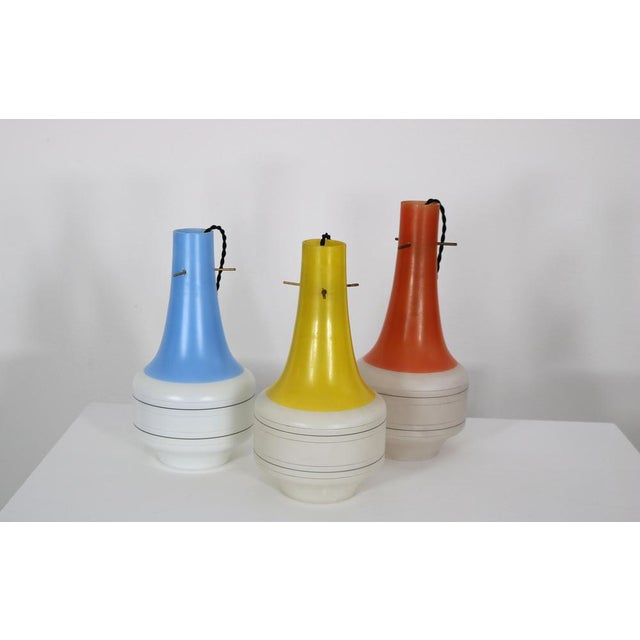 Mid-Century Modern Italian Red, Yellow and Blue Glass Pendant Lights in the Style of Vitosi, 1960s, Set of 3 For Sale - Image 3 of 18