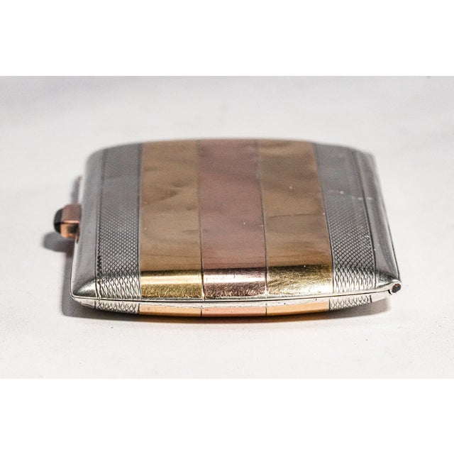 Exceptional Antique French Sterling Silver Cigarette Case 18k Gold Inlaid Yellow & Rose Gold Engine Turned Luxury Tobacciana For Sale - Image 12 of 15