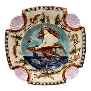 19th Century Square Majolica Mermaid Wall Plate Nimy Les Mons For Sale