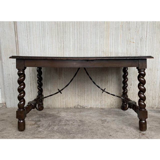 Spanish colonial baroque walnut Solomonic leg fratino table with iron stretcher, 19th century exquisite antique hand...