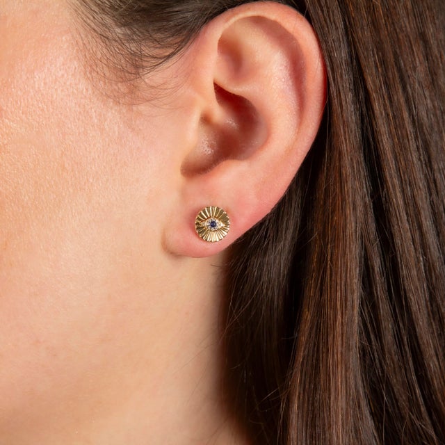Modern Fluted Evil Eye Studs with diamonds and sapphires - A Pair For Sale - Image 3 of 3