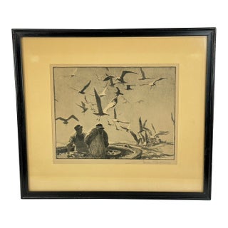 Gordon Grant Pencil Signed Lithograph, Fishermen & Seagulls, Framed (Likely "Deep Sea Larder" 1943) For Sale