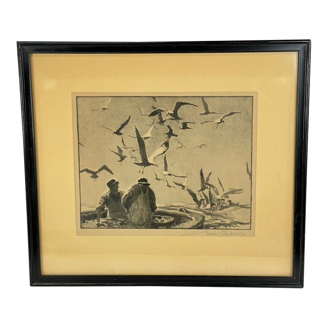 Gordon Grant Pencil Signed Lithograph, Fishermen & Seagulls, Framed (Likely "Deep Sea Larder" 1943) For Sale