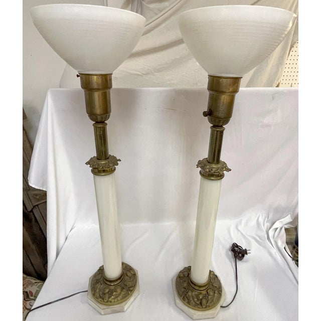Early 20th Century Antique Hollywood Regency Milk Glass and Brass Converted Gas Column Lamps- a Pair For Sale - Image 5 of 12