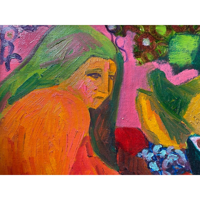 Vintage Colorful Oil on Board Painting of Nude Woman and Fruit in Handmade Geometric Wood Frame, Signed Alfonso Caliendo Circa 1990 For Sale In Philadelphia - Image 6 of 12