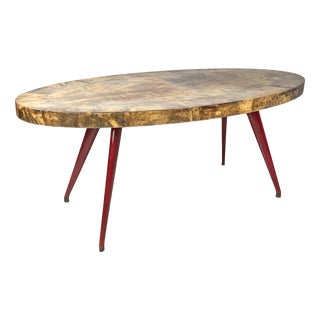 Italian Modern Oval Dining Table in Parchment with Red Lacquered Wood Legs, 1970s For Sale