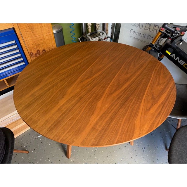 Eames Stellar Works Ren Round Walnut Dining Table + Herman Miller Eames Fiberglass Wood Dowel Chairs For Sale - Image 4 of 13