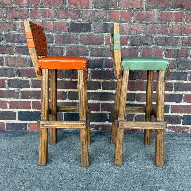 Mid 20th Century Pair of Ranch Oak Rustic Leather and Wood Bar Stools For Sale - Image 5 of 12