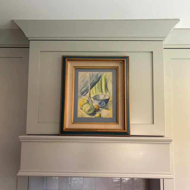 Vintage framed still life painting with fruit, a candlestick & bowl in blues and yellow. Signed by the artist. Perfect...