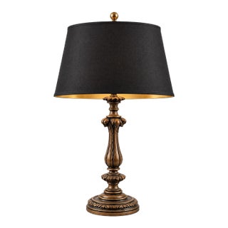 Vintage Neoclassical Acanthus Table Lamp With Black and Gold-Lined Shade For Sale