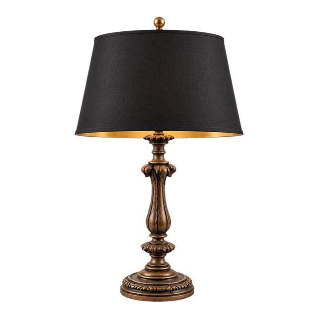 Vintage Neoclassical Acanthus Table Lamp With Black and Gold-Lined Shade For Sale
